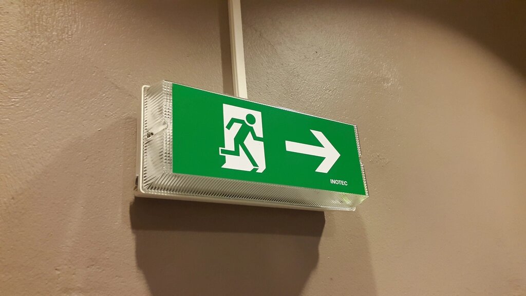 Wall-mounted emergency exit light with green running-man blade